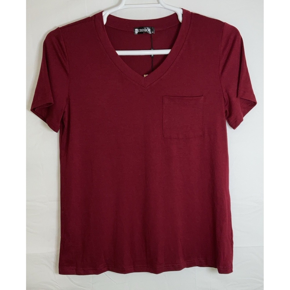 NWT Women's Rubzoof Short Sleeve V Neck T-Shirt w/ Pocket Burgundy Medium